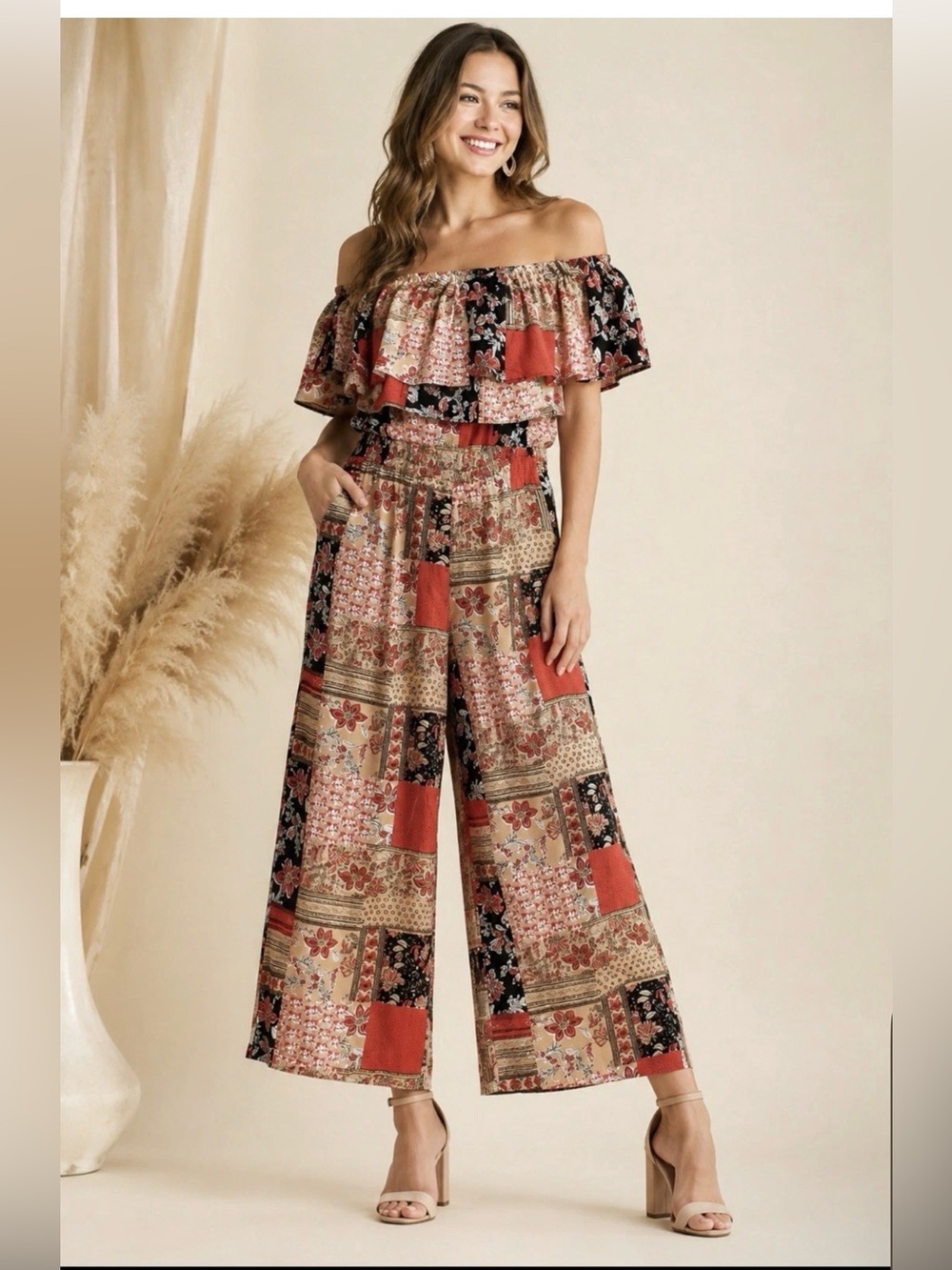 Umgee Women’s Patchwork Floral Jumpsuit Ruffle Off Shoulder Boho size M NWT